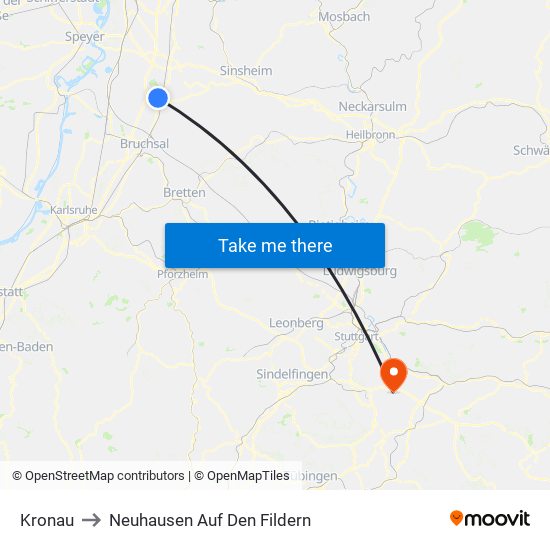 Kronau to Neuhausen Auf Den Fildern map