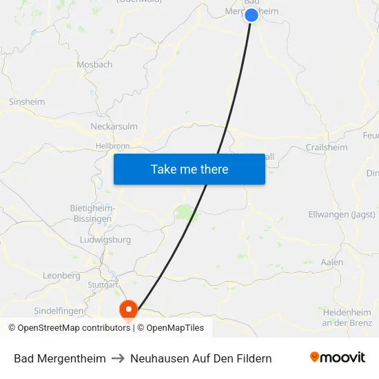 Bad Mergentheim to Neuhausen Auf Den Fildern map