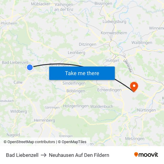 Bad Liebenzell to Neuhausen Auf Den Fildern map