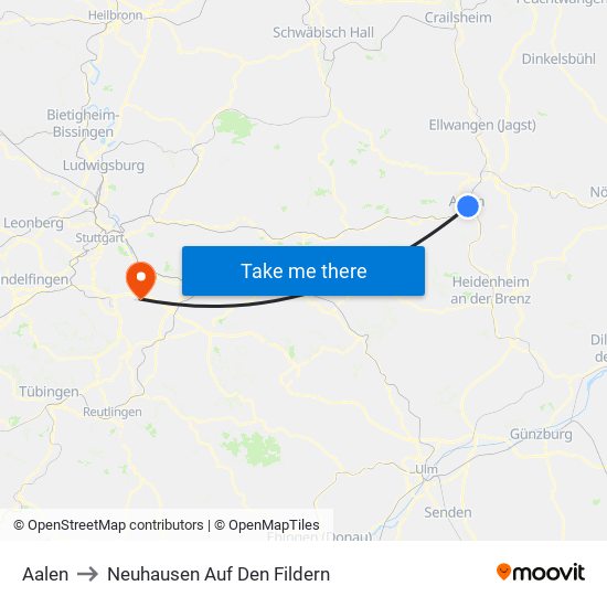 Aalen to Neuhausen Auf Den Fildern map