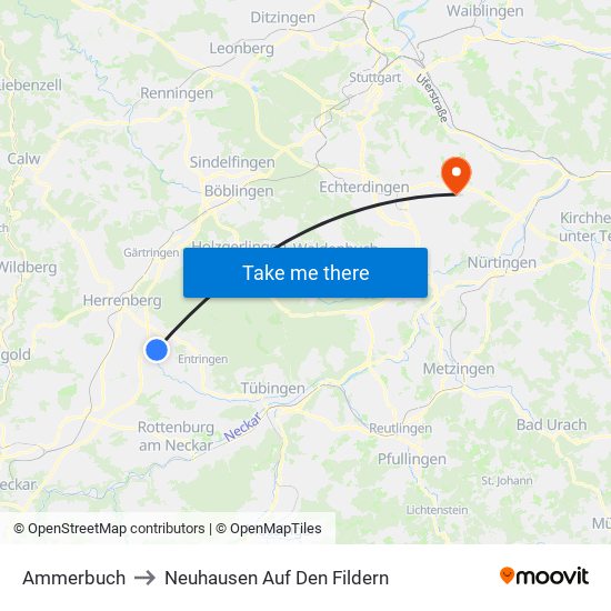 Ammerbuch to Neuhausen Auf Den Fildern map