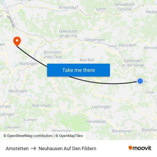 Amstetten to Neuhausen Auf Den Fildern map