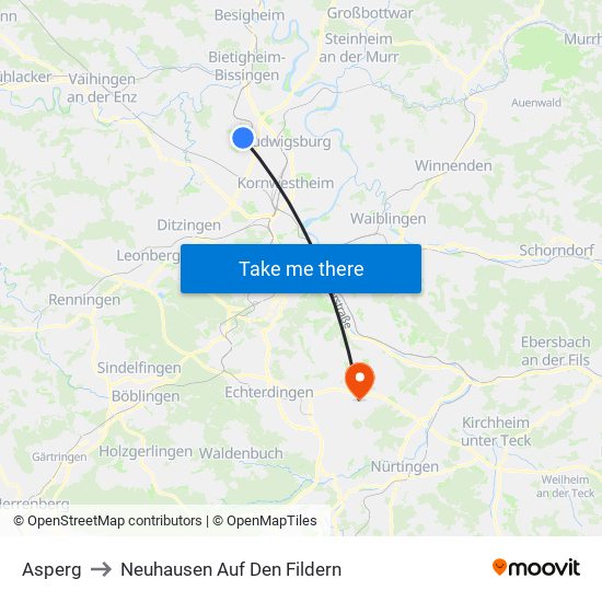 Asperg to Neuhausen Auf Den Fildern map