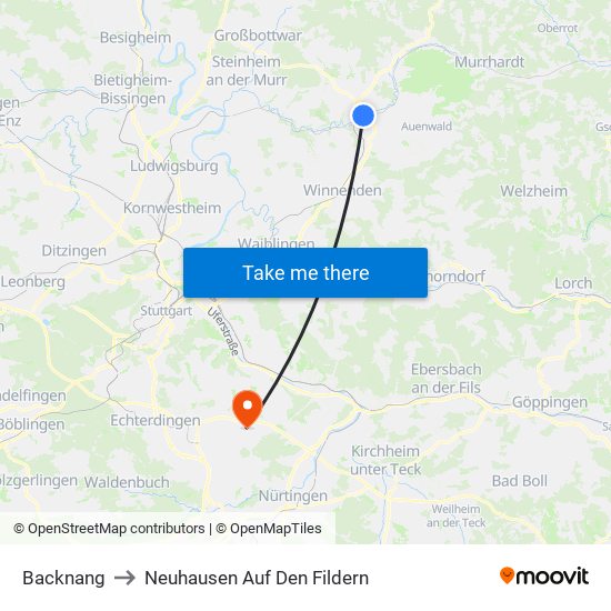 Backnang to Neuhausen Auf Den Fildern map