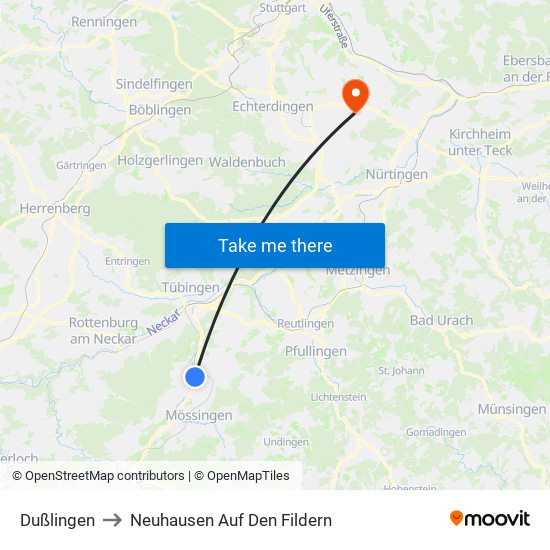 Dußlingen to Neuhausen Auf Den Fildern map