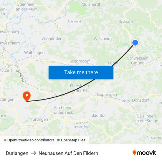 Durlangen to Neuhausen Auf Den Fildern map