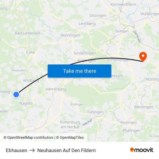 Ebhausen to Neuhausen Auf Den Fildern map