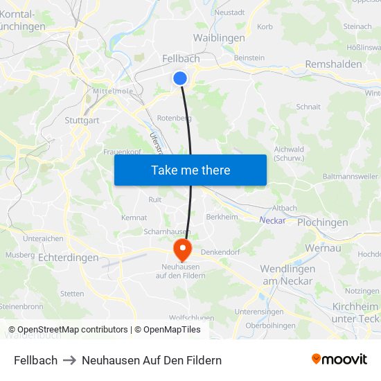 Fellbach to Neuhausen Auf Den Fildern map