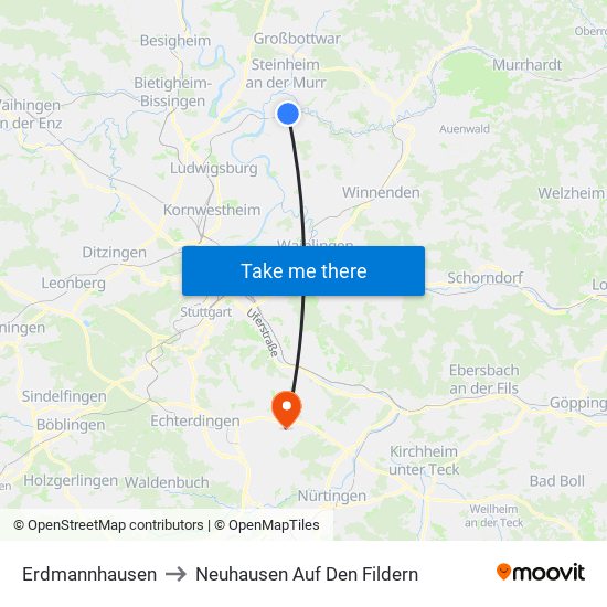 Erdmannhausen to Neuhausen Auf Den Fildern map
