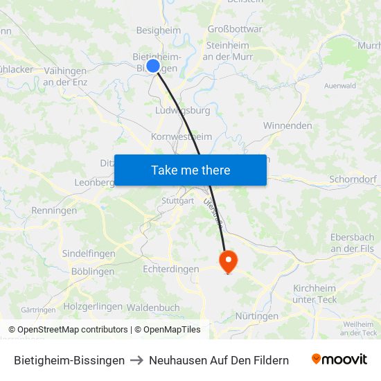 Bietigheim-Bissingen to Neuhausen Auf Den Fildern map