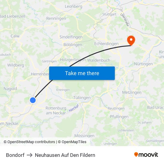Bondorf to Neuhausen Auf Den Fildern map