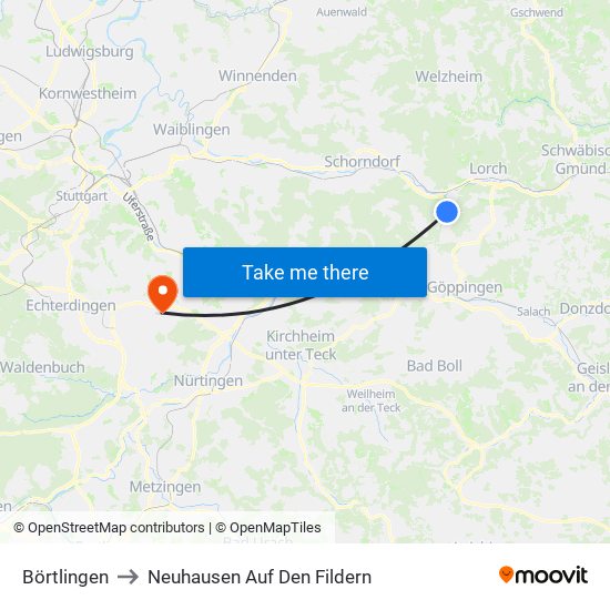 Börtlingen to Neuhausen Auf Den Fildern map