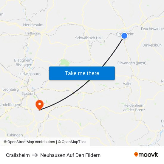 Crailsheim to Neuhausen Auf Den Fildern map