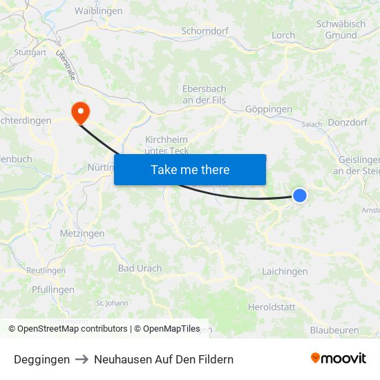Deggingen to Neuhausen Auf Den Fildern map