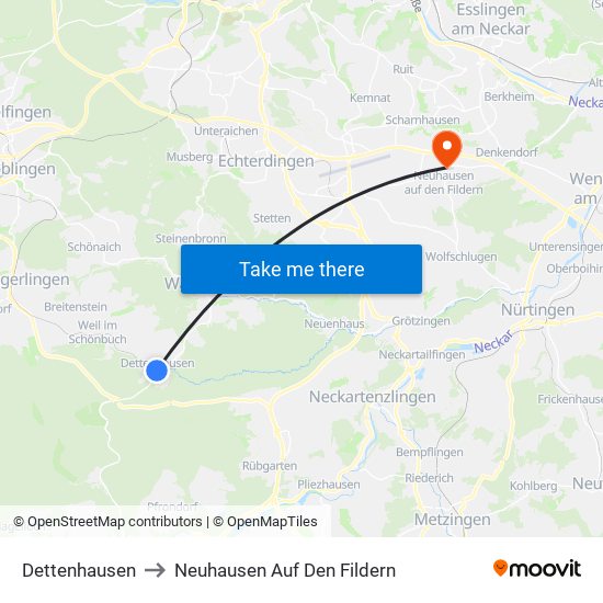 Dettenhausen to Neuhausen Auf Den Fildern map