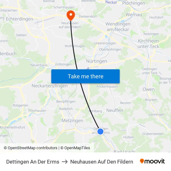 Dettingen An Der Erms to Neuhausen Auf Den Fildern map