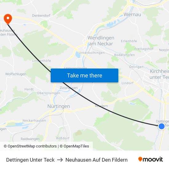 Dettingen Unter Teck to Neuhausen Auf Den Fildern map