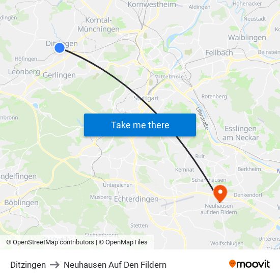 Ditzingen to Neuhausen Auf Den Fildern map