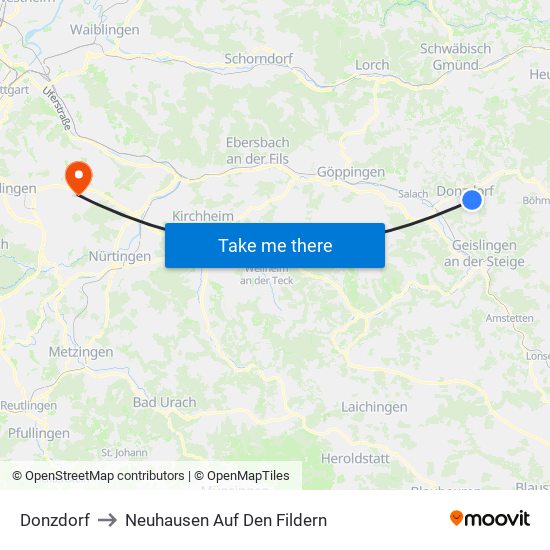 Donzdorf to Neuhausen Auf Den Fildern map