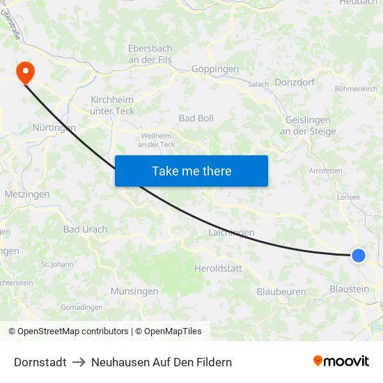 Dornstadt to Neuhausen Auf Den Fildern map