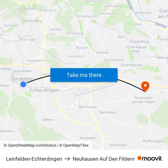 Leinfelden-Echterdingen to Neuhausen Auf Den Fildern map