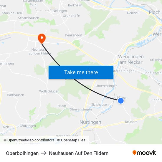 Oberboihingen to Neuhausen Auf Den Fildern map