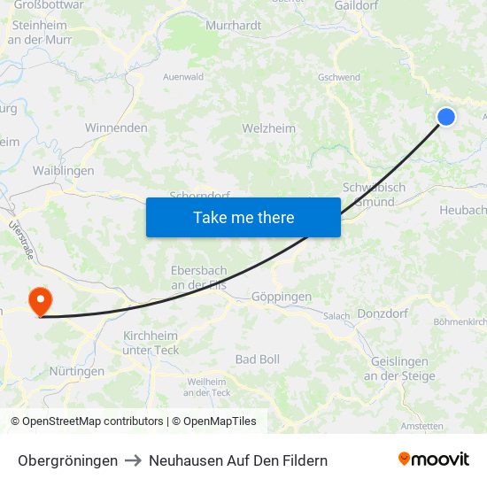 Obergröningen to Neuhausen Auf Den Fildern map