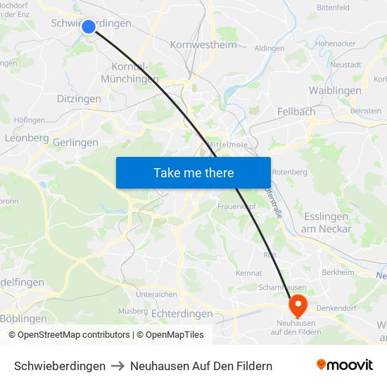 Schwieberdingen to Neuhausen Auf Den Fildern map