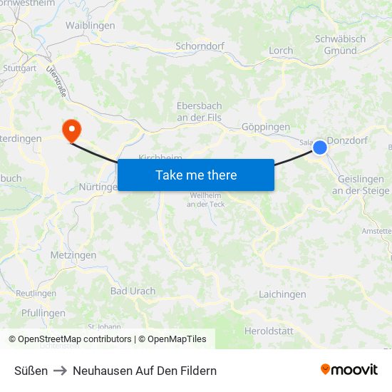 Süßen to Neuhausen Auf Den Fildern map