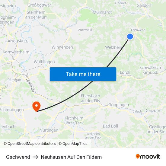 Gschwend to Neuhausen Auf Den Fildern map