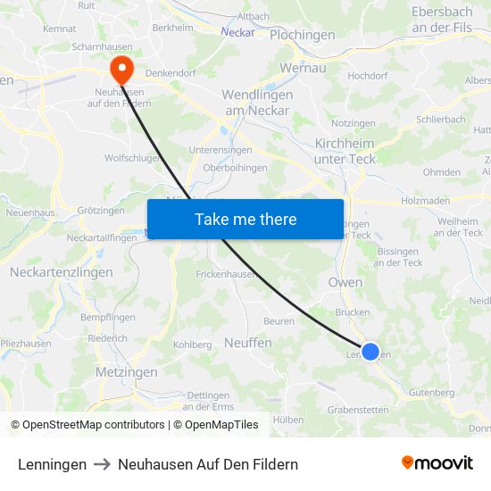 Lenningen to Neuhausen Auf Den Fildern map