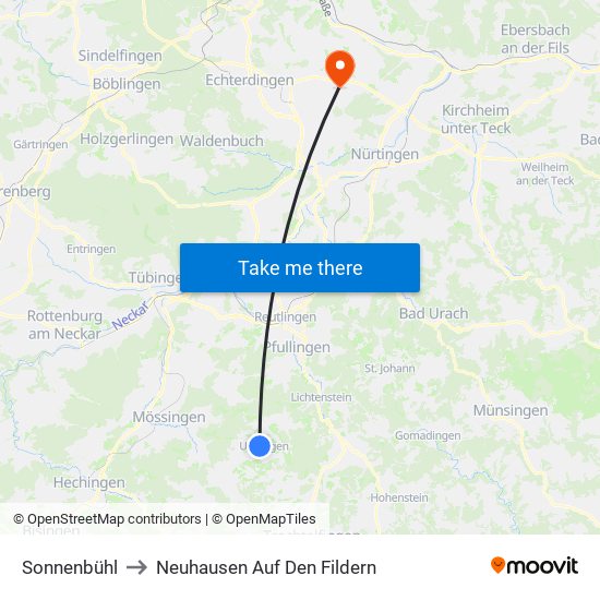 Sonnenbühl to Neuhausen Auf Den Fildern map