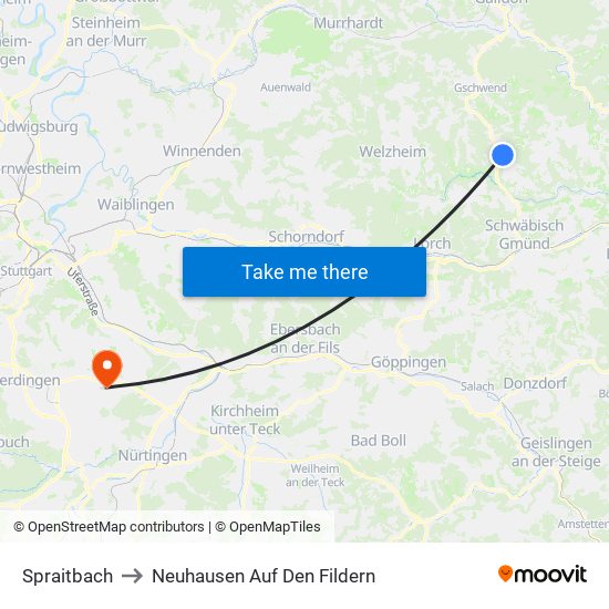 Spraitbach to Neuhausen Auf Den Fildern map