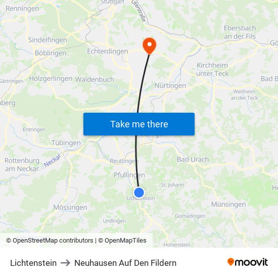 Lichtenstein to Neuhausen Auf Den Fildern map