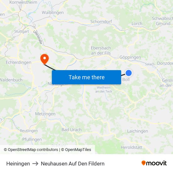 Heiningen to Neuhausen Auf Den Fildern map