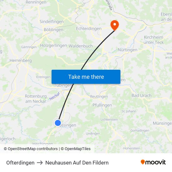 Ofterdingen to Neuhausen Auf Den Fildern map