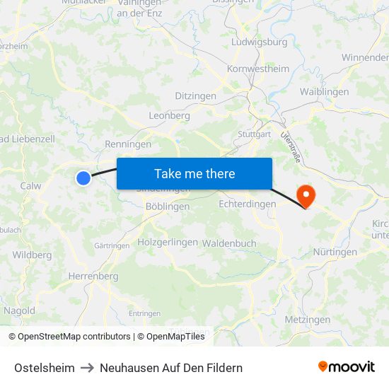 Ostelsheim to Neuhausen Auf Den Fildern map