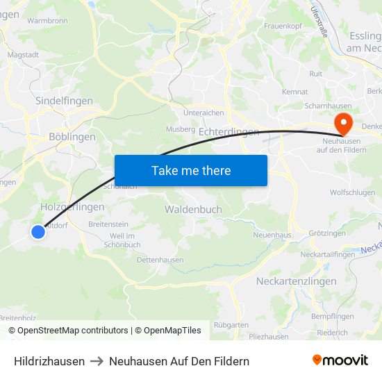 Hildrizhausen to Neuhausen Auf Den Fildern map