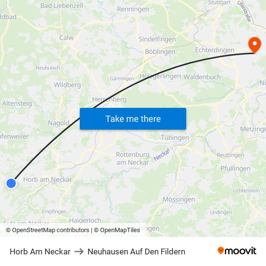 Horb Am Neckar to Neuhausen Auf Den Fildern map
