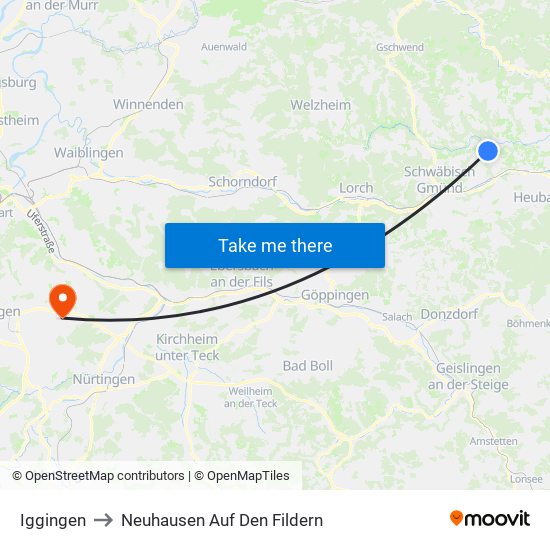 Iggingen to Neuhausen Auf Den Fildern map