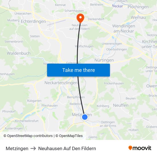 Metzingen to Neuhausen Auf Den Fildern map