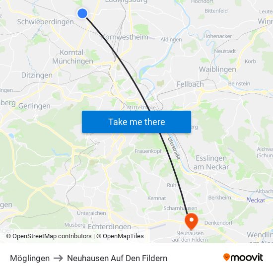 Möglingen to Neuhausen Auf Den Fildern map