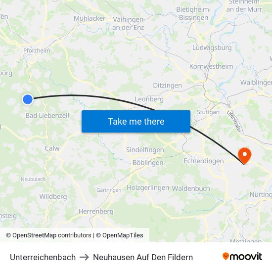 Unterreichenbach to Neuhausen Auf Den Fildern map