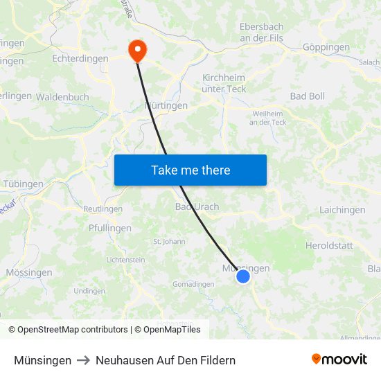 Münsingen to Neuhausen Auf Den Fildern map