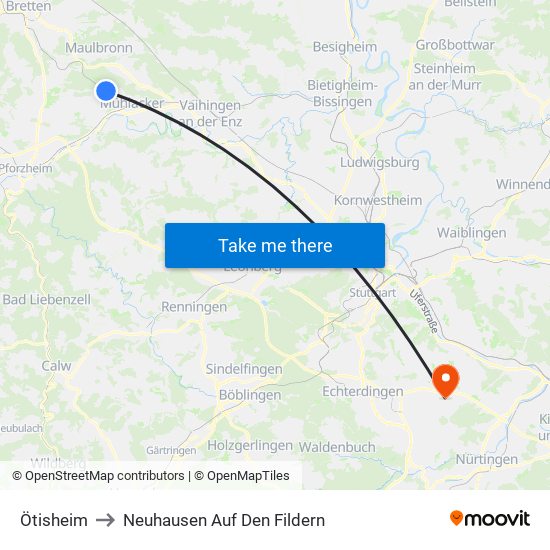 Ötisheim to Neuhausen Auf Den Fildern map