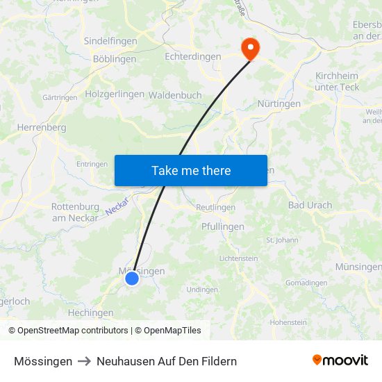 Mössingen to Neuhausen Auf Den Fildern map