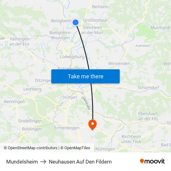 Mundelsheim to Neuhausen Auf Den Fildern map