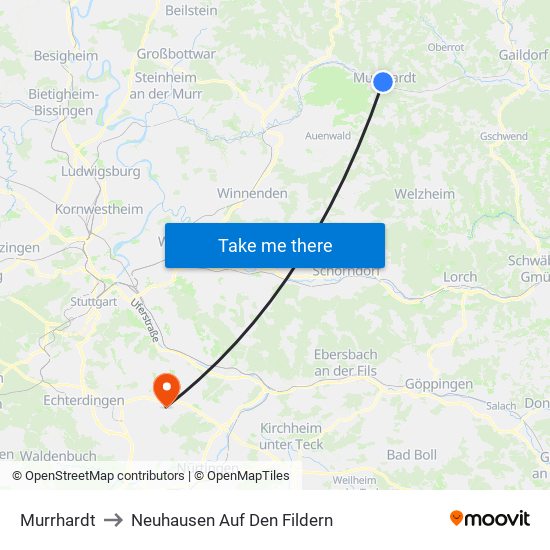 Murrhardt to Neuhausen Auf Den Fildern map