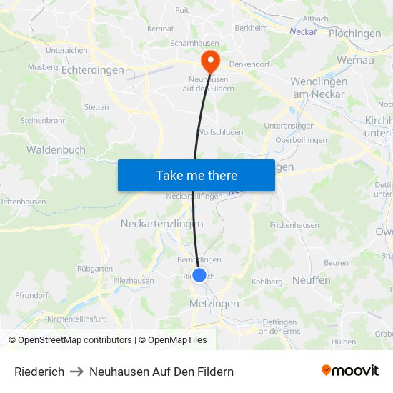 Riederich to Neuhausen Auf Den Fildern map