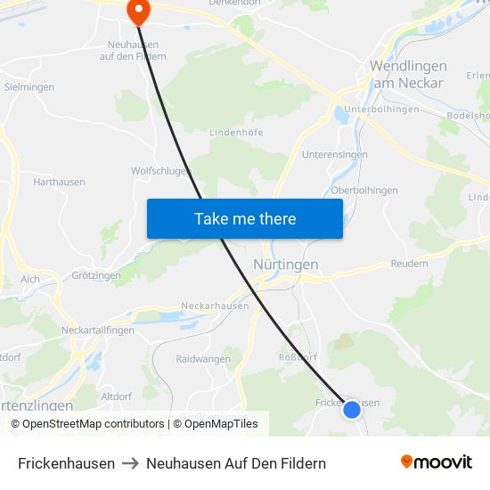 Frickenhausen to Neuhausen Auf Den Fildern map